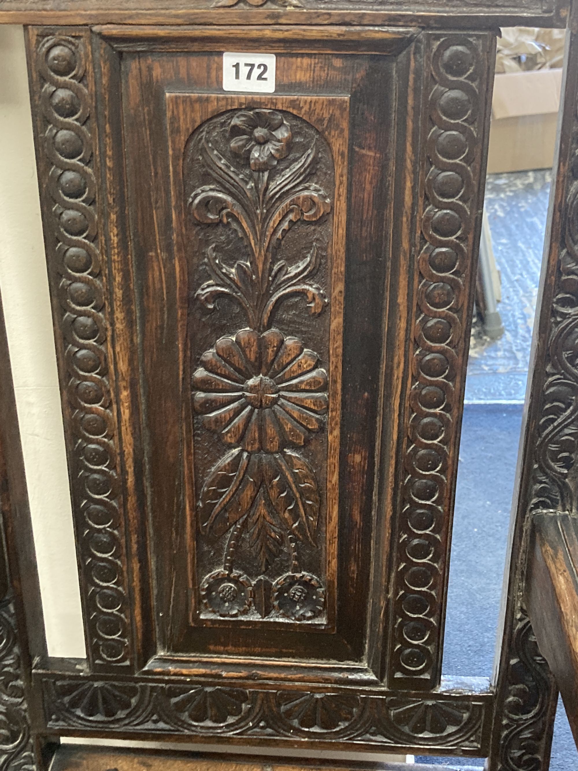 A 19th century oak Wainscot chair, width 64cm depth 49cm height 110cm